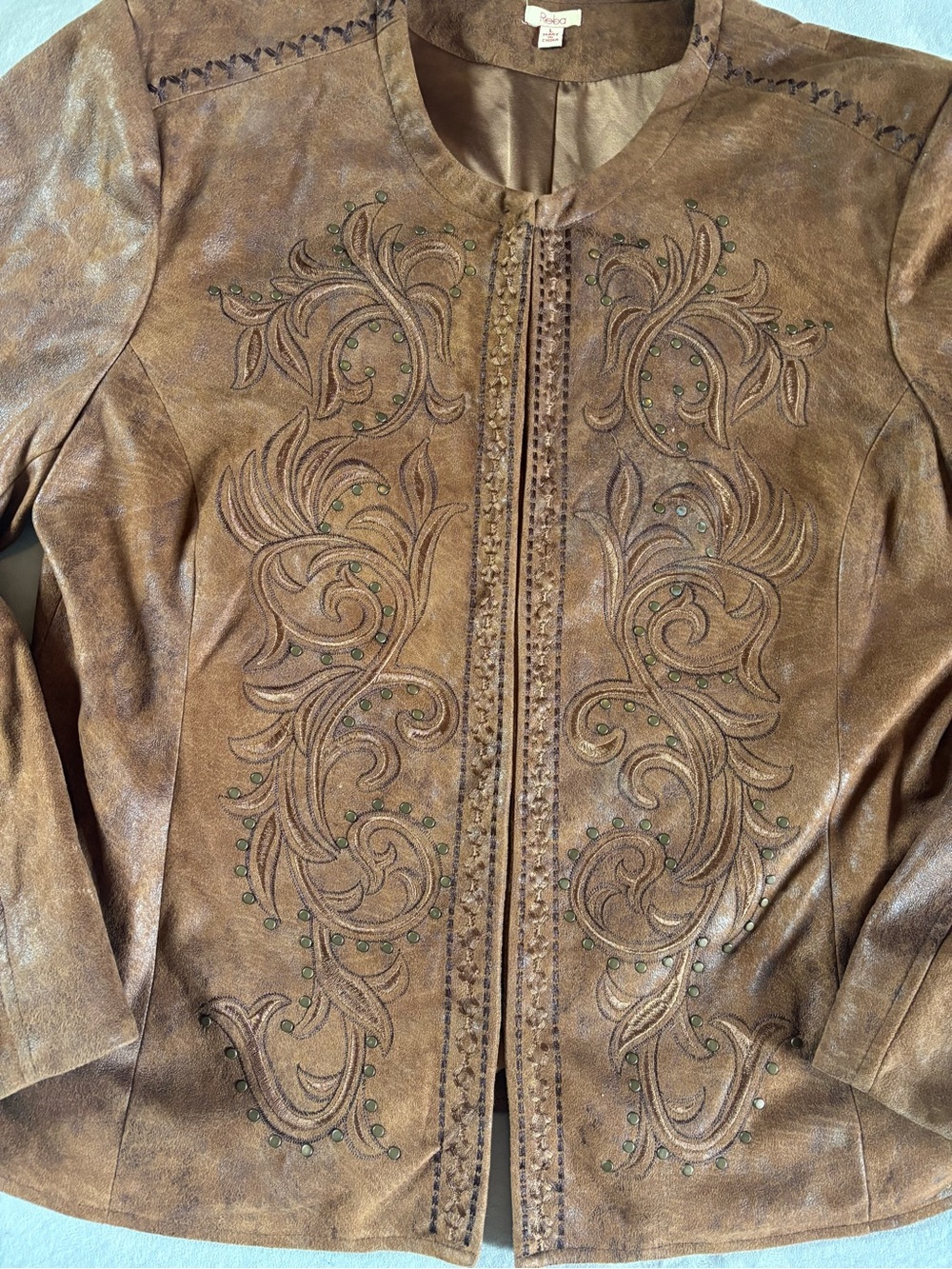 Reba Brown Faux Leather Jacket Western Embroidered Studded Boho L - Picture 2 of 14